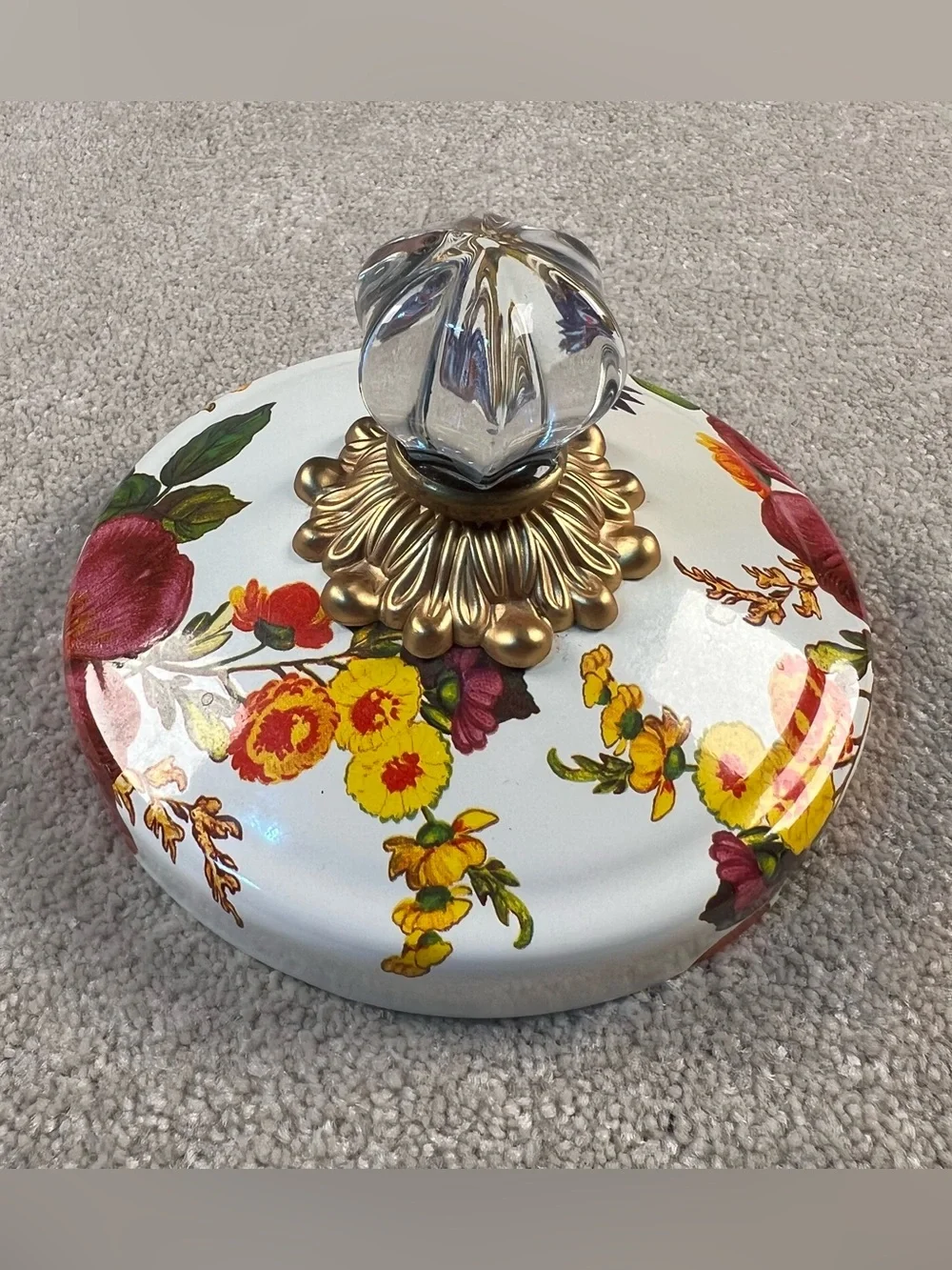 Mackenzie Childs White Floral Jar topper Lid Enamel